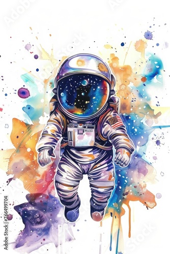 Space odyssey Chibi astronaut in watercolor, randomly floating on white