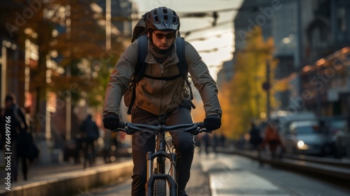 Cyclist rides through city streets