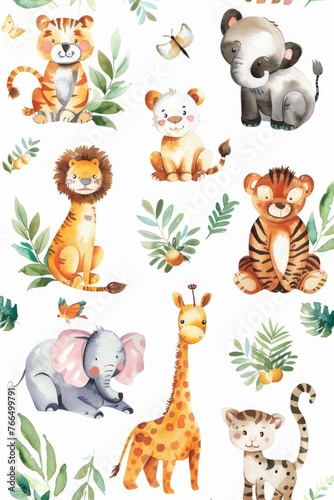 Watercolor art of adorable zoo animals in varied scenes on a pure white background