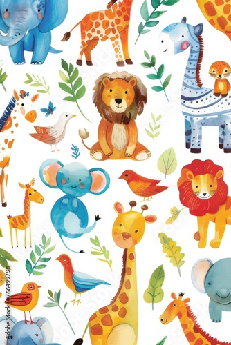 Watercolor art of adorable zoo animals in varied scenes on a pure white background