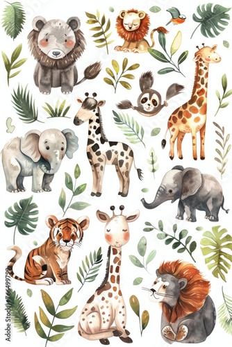 Watercolor art of adorable zoo animals in varied scenes on a pure white background © Pungu x