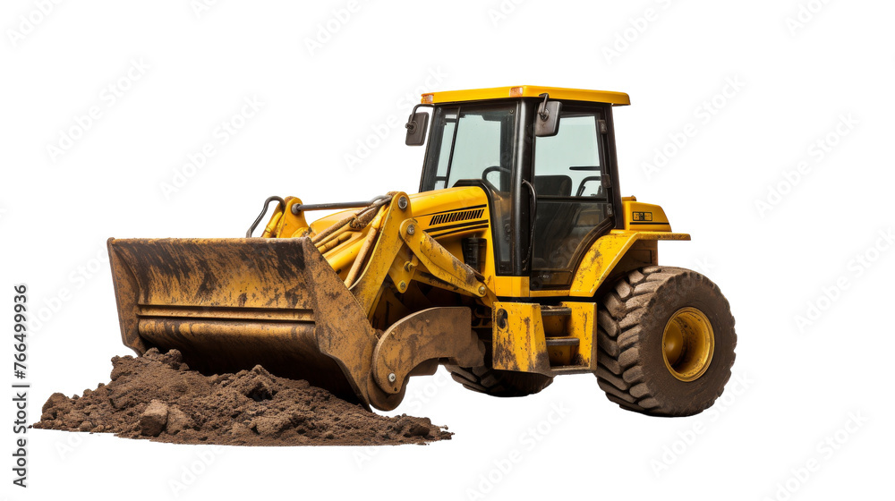A powerful bulldozer aggressively digs into the dirt on a pristine white background A powerful bulldozer aggressively digs into the dirt on a pristine white background