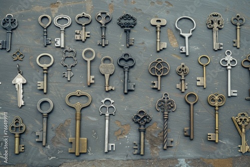 A bunch of old keys on a table, suitable for various themes © Fotograf