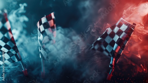 Red and black checkered flag blowing smoke. Suitable for sports events or racing themes