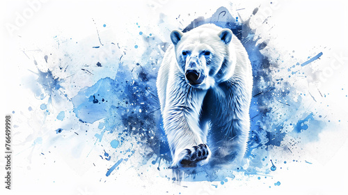 polar bear in watercolor splashes, blue and white background photo