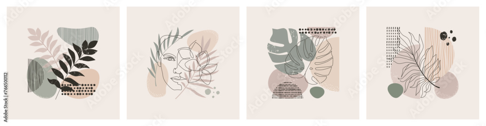 Abstract patterns. Line minimal flowers, outline girl portrait. Modern wall art, plants and geometric woman texture collage. Contemporary posters or square cards. Vector botanical background - obrazy, fototapety, plakaty 