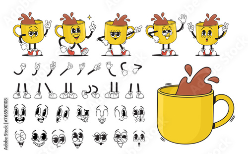 Cartoon Yellow Groovy Cup of Tea or Coffee Drink Character Creation Kit. Vector Collection of Porcelain Mug Animation