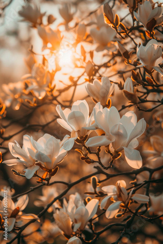 Branches of a blooming magnolia in the sunset rays