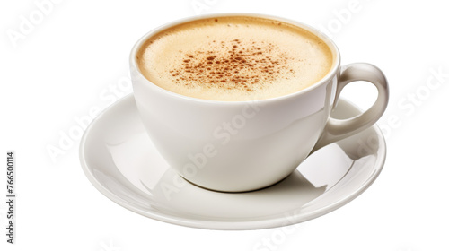 A beautifully crafted cup of cappuccino delicately rests on a delicate saucer