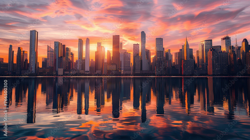 Majestic City Silhouette at Dusk with Glowing Skyscrapers