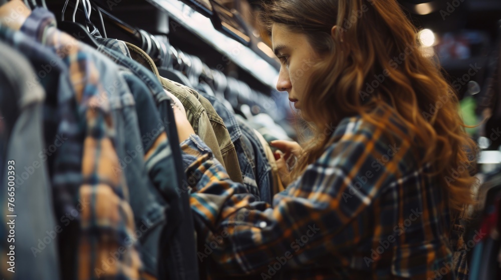 A woman browsing clothes on a rack. Suitable for fashion and retail concepts A woman browsing clothes on a rack. Suitable for fashion and retail concepts