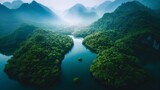 A drone show of a mountain river engulfed in mist