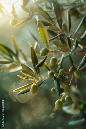 Olive tree branches with green olives in the sunset rays