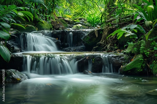 Tranquil flowing water in lush tropical rainforest paradise, serene natural oasis