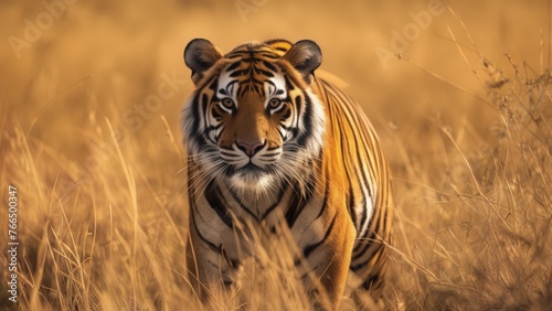 Dans les hautes herbes de la savane, un tigre avance furtivement, sa silhouette puissante se fondant dans le paysage, révélant sa grâce prédatrice. photo
