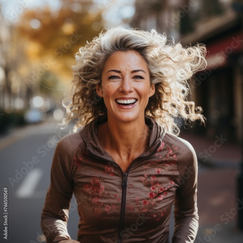 Portrait of a smiling blonde woman with curly hair running in the street