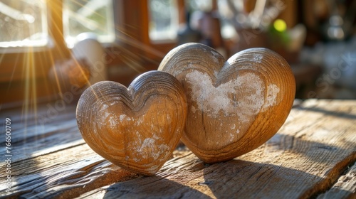 Two wooden hearts on a wooden table with a blurred background
