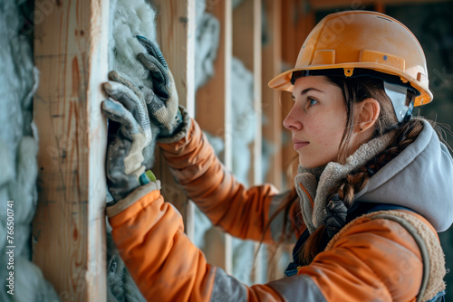 A worker carries out work on insulating a house photo