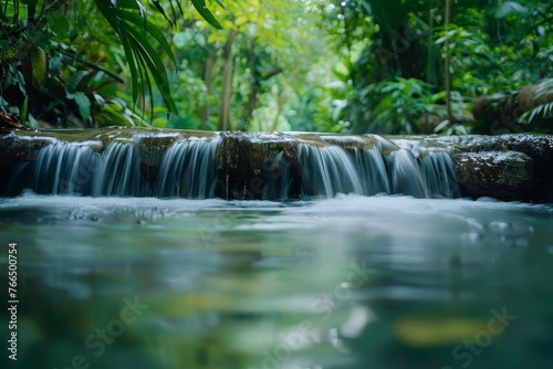 Tranquil flowing water in lush tropical rainforest paradise, serene natural oasis