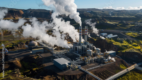 Majestic Geothermal Power Plant amidst Steamy Landscape