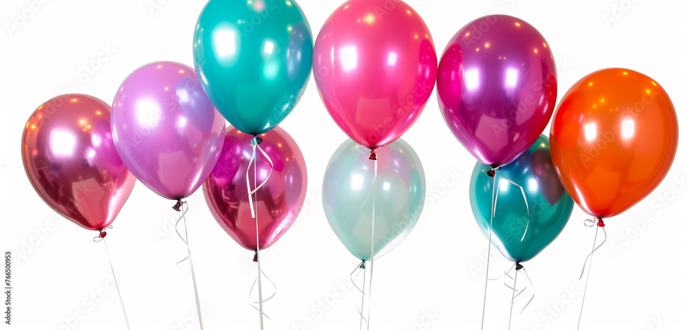 A collection of bright balloons, isolated on white background, blank label.