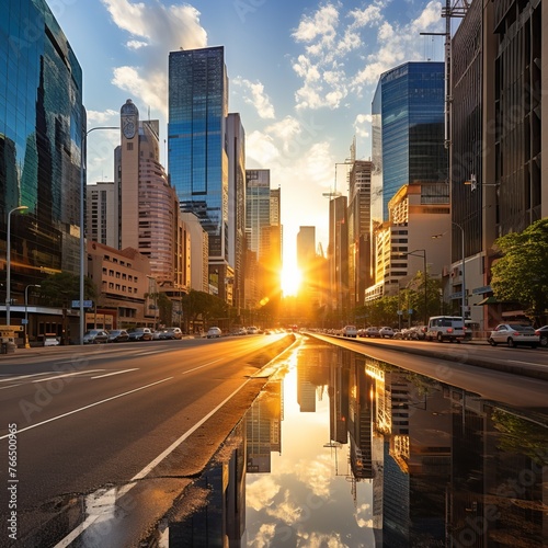 A wide road in the middle of a city with tall buildings on both sides and a puddle of water in the foreground reflecting the sky and buildings © Adobe Contributor