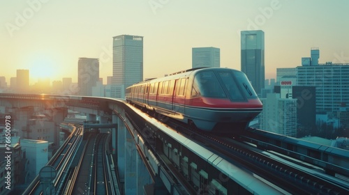 Modern train moving through city with skyscrapers, suitable for transportation themes