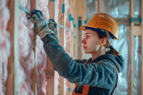 A worker carries out work on insulating a house