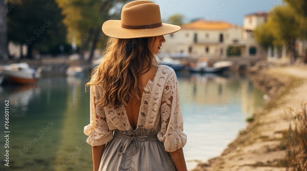 Lady in a hat standing near the water