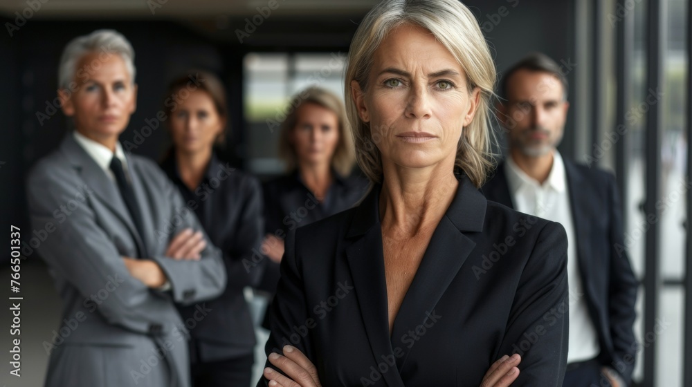 A portrait of a middle-aged businesswoman with her team in the background A portrait of a middle-aged businesswoman with her team in the background