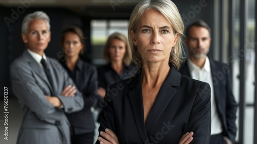 A portrait of a middle-aged businesswoman with her team in the background