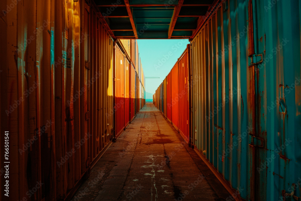 Corridor between cargo containers in a seaport Corridor between cargo containers in a seaport