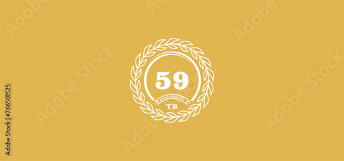 59st anniversary logo with ring and frame, white color and gold background photo