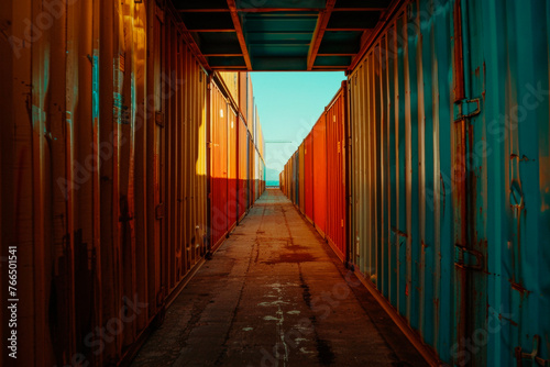 Corridor between cargo containers in a seaport