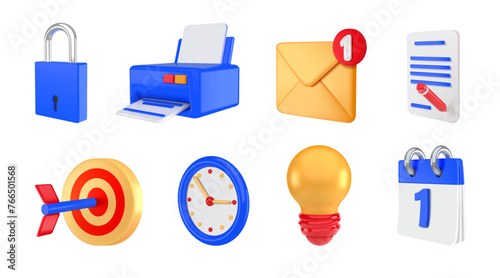 3D calendar icons. Unlock padlock. Printer and clock dial. Glass render with print paper. Mail envelope notification. Idea lightbulb. Document page. Business target. Vector symbols set