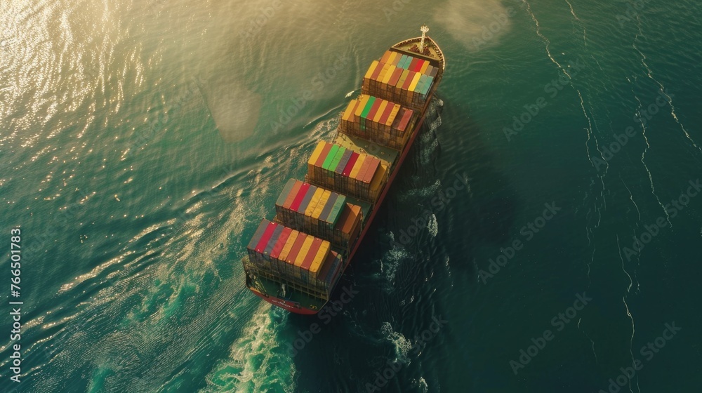 A large container ship navigating through the open waters. Suitable for transportation and shipping concepts A large container ship navigating through the open waters. Suitable for transportation and shipping concepts