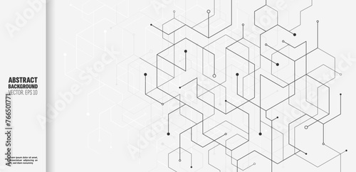 Tech background. Network connect line pattern elements. White hexagons and squares. Geometric mesh. Polygons and dots. Chemical molecule structure. Graphic shape. Vector abstract banner