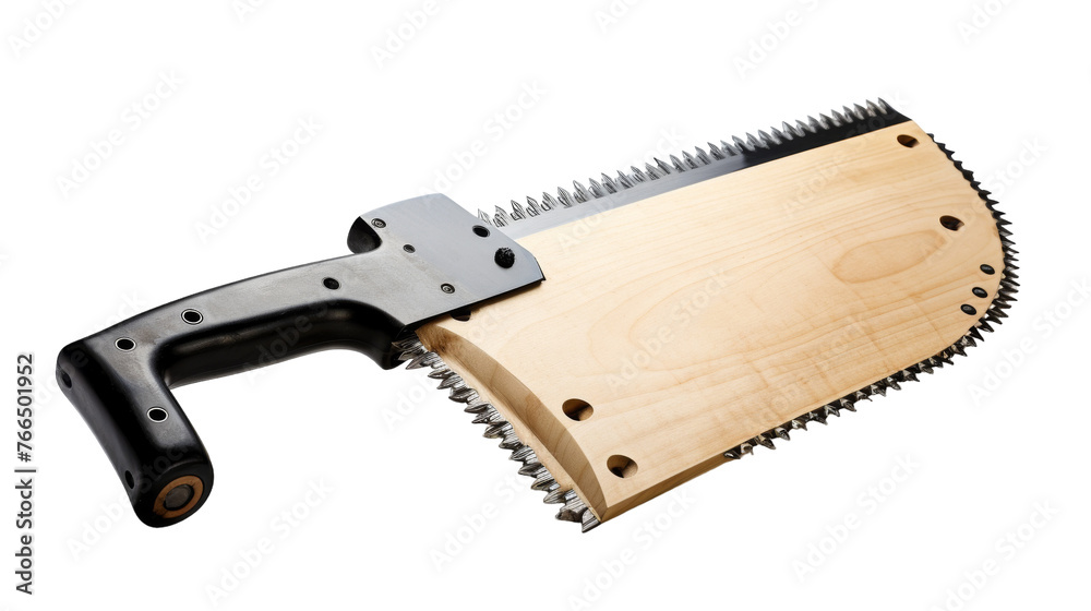 A large wooden saw with a black handle rests on a rustic workbench A large wooden saw with a black handle rests on a rustic workbench