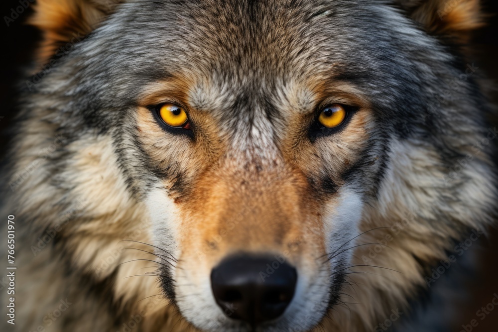 A close up of a wolf's face