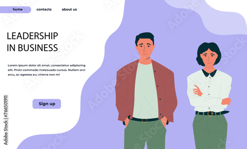 Confident people. Leadership in business landing page. Successful office man and woman. Employees achieve goals. Self-affirmative gestures. Website template design. Vector background