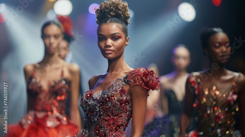 A wealthy fashion designer showcasing their latest collection at a glamorous runway show, with models strutting down the catwalk in couture creations