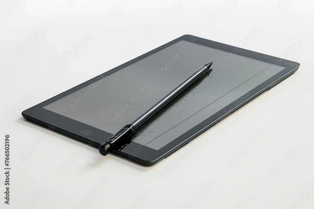 A digital pen tablet with a blank drawing area isolated on white background, copy space around it. A digital pen tablet with a blank drawing area isolated on white background, copy space around it.