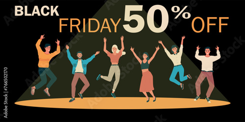 Happy jumping people. Black Friday. Sale promotion. Shop discount. Joyful men and women. Happy customers buy purchases. Store marketing. Price special offer. Vector shopping banner