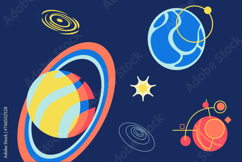 Futuristic astronaut banner. Astronomy science. Galaxy planets. Satellites or stars. Universe exploration. Space travel. Cosmic asteroids. Interstellar journey. Vector simple background