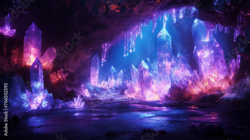 Fantasy Worlds. Crystal Caverns. A cavern filled with crystals and light photo