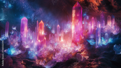 Fantasy Worlds. Crystal Caverns. A cavern filled with crystals and light