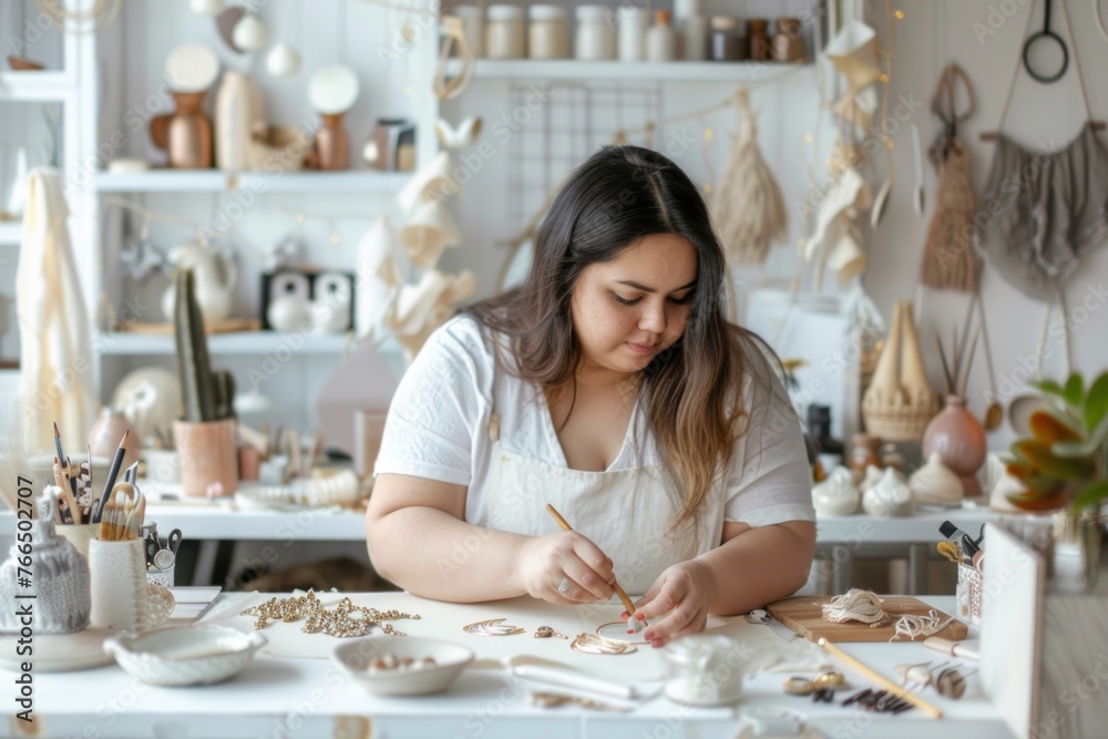 A focused plus-size Caucasian young woman is crafting handmade jewelry in a workshop. This image suits topics on handmade art, jewelry making, and small business crafting. A focused plus-size Caucasian young woman is crafting handmade jewelry in a workshop. This image suits topics on handmade art, jewelry making, and small business crafting.