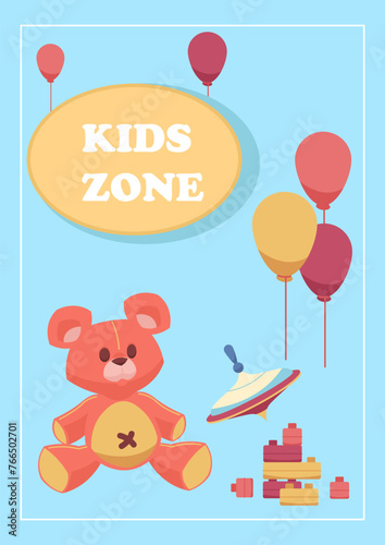 Cute toys. Kids zone. Cartoon playthings for children. Plush animal. Balloons and whirligig. Playground banner. Playing cubes. Nursery playroom entertainment. Vector childish card design