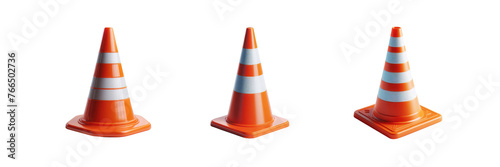 Set of orange realistic road traffic plastic cone with white stripe, illustration, isolated over on transparent white background photo