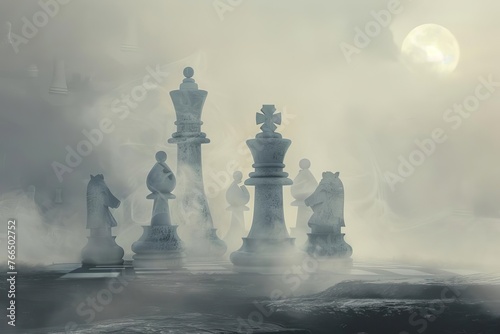 Surreal Chess Game with Oversized Pieces in a Misty Landscape, Conceptual Digital Painting